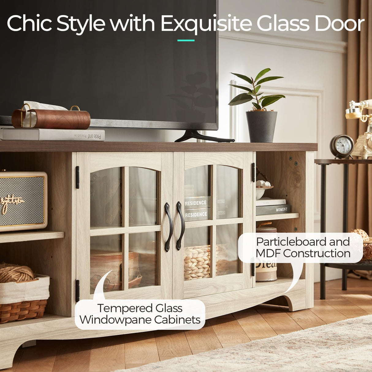 LINSY HOME Farmhouse TV Stand for 65 Inch TV, Wood Entertainment Center with Glass Door Storage Cabinet & Adjustable Shelves, Large Sturdy TV Console Table for Living Room Bedroom LINSY HOME