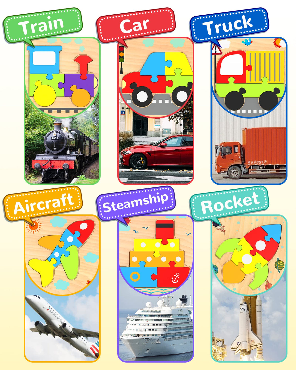 Yetonamr Wooden Toddler Puzzles Gifts Toys for 1 2 3 Years Old Boys Girls, 6 Vehicle Shape Montessori Toys Educational Blocks Kids Toys Gift Baby Learning Toy Age 1-3, 2-4 Yetonamr