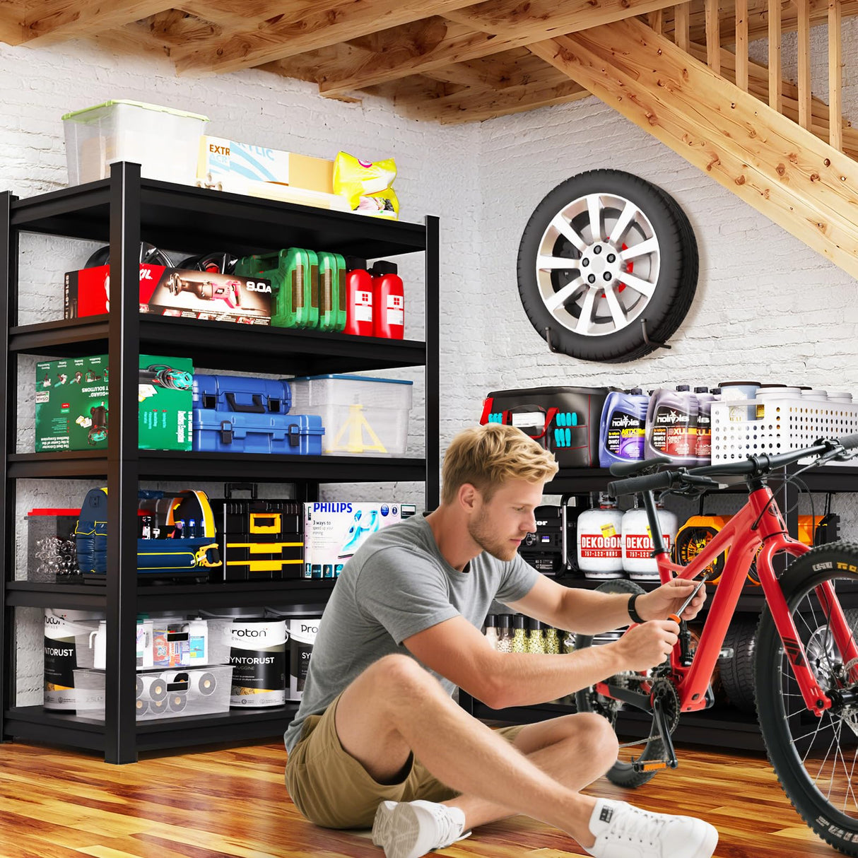RPGHJJ 59" W Garage Shelving Heavy Duty Garage Storage Shelves Metal Shelving Unit 5T Adjustable Industrial Utility Shelf 3000LBS Black Organization Rack for Warehouse Storage,72" H x 59" W x 20" D RPGHJJ