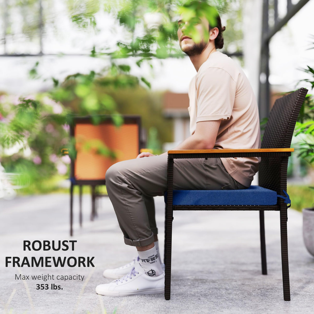 Outsunny Wicker Outdoor Dining Chairs Set of 2, Stackable PE Rattan Patio Dining Chairs with Cushions and Acacia Wood Armrests for Deck, Garden, 353 LBS Capacity, Navy Blue Outsunny