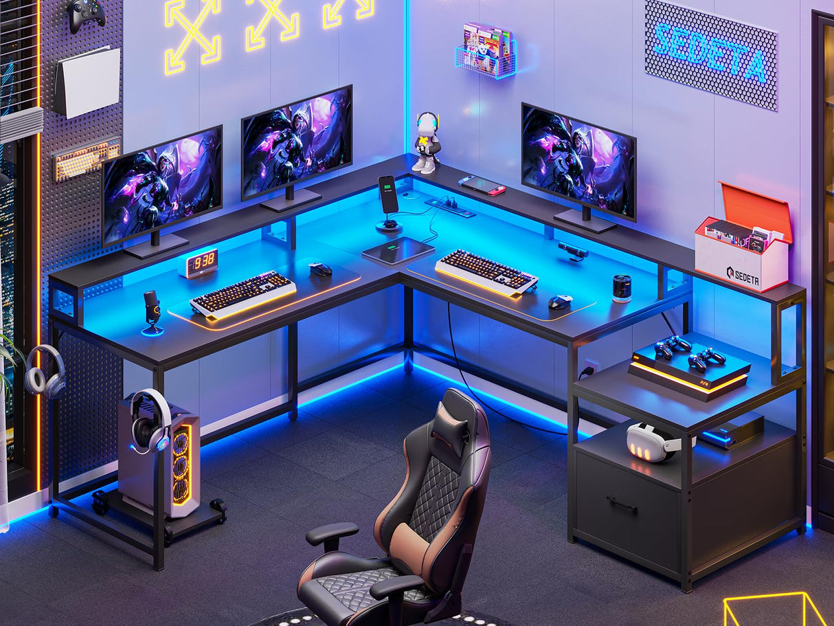 SEDETA L Shaped Gaming Desk, 66" Home Office Desk with File Drawer & Power Outlet, Corner Gaming Computer Desk with Led Lights, Monitor Shelf and Printer Storage Shelves, Two Person Desk, Black SEDETA