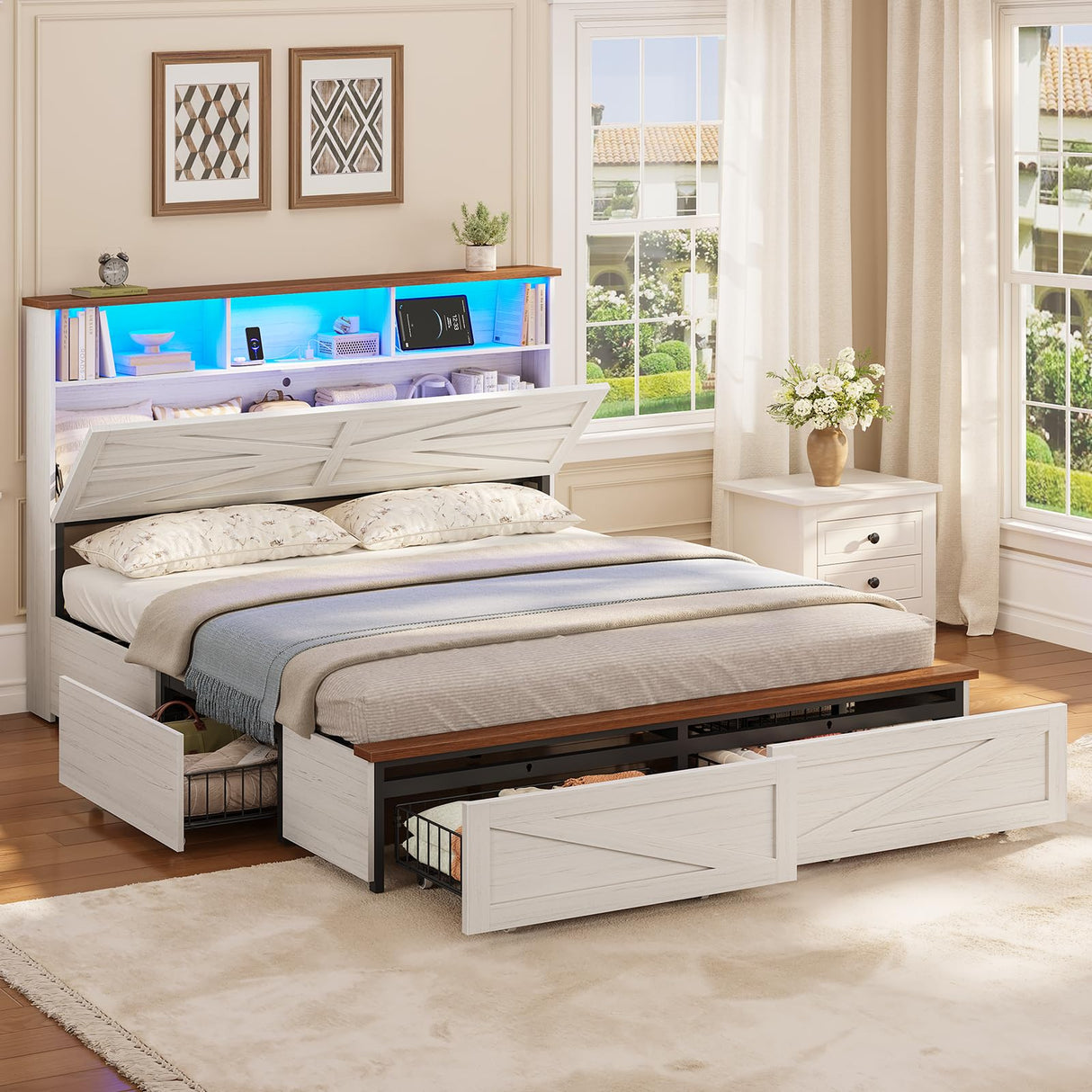 VIAGDO Queen Bed Frame with 6 Drawers, Farmhouse Bed Frame with Barn Door Headboard and Storage, Wood Platform Bed Frame Queen Size with Charging Station and LED Lights, No Box Spring Needed, White VIAGDO