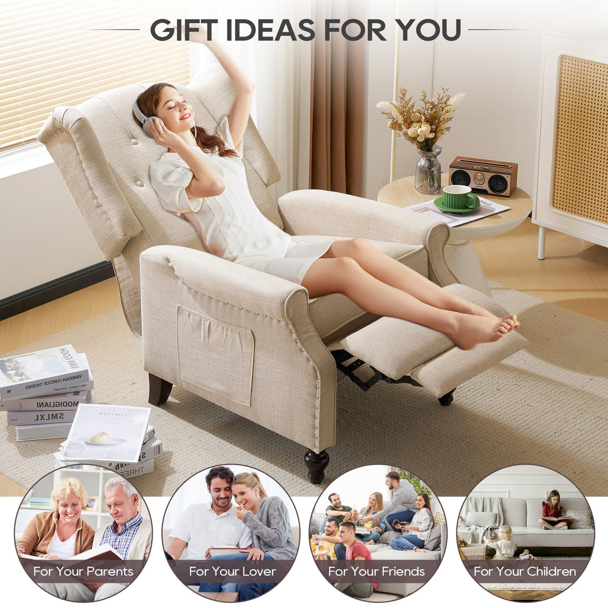 P.H.Furn Wingback Recliner Chair with Massage and Heat, Upholstered Fabric Living Room Chair Armchair with Nailhead Trim,Push Back Recliner Chair with Remote Control,Padded Cushion P.H.Furn