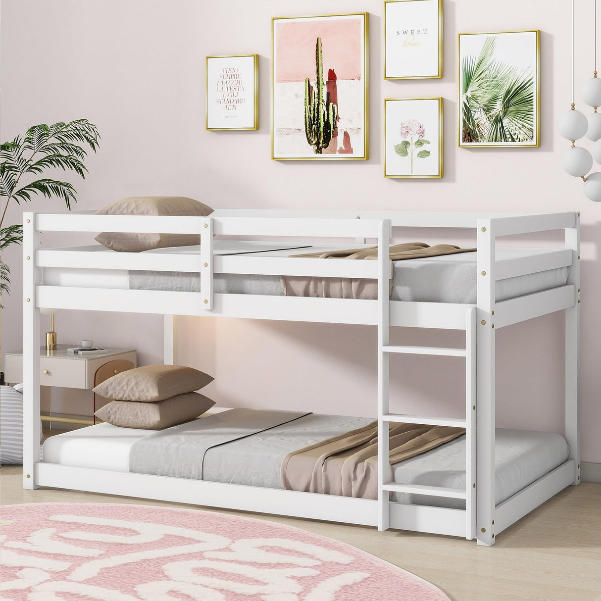 Anwick Low Bunk Bed Twin Over Twin, Floor Bunk Bed with Stairs, Twin Bunk Bed with High Rails Guardrail, Wooden Bunk Beds for Kids Girls Boys, No Box Spring Needed (White) Anwick