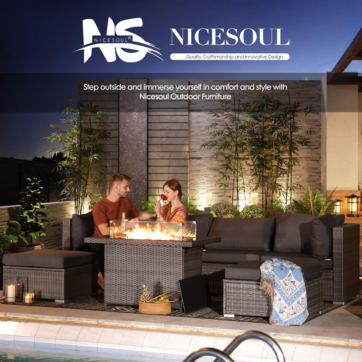 NICESOUL 8 Seater Outdoor Patio Furniture Sectional Sets with Firepits Table Natural Gas Propane, 29.3'' High Back Comfy Wicker Conversation, 9 Piece Deep Wide Modern Modular Sofa for Backyard, Grey NICESOUL
