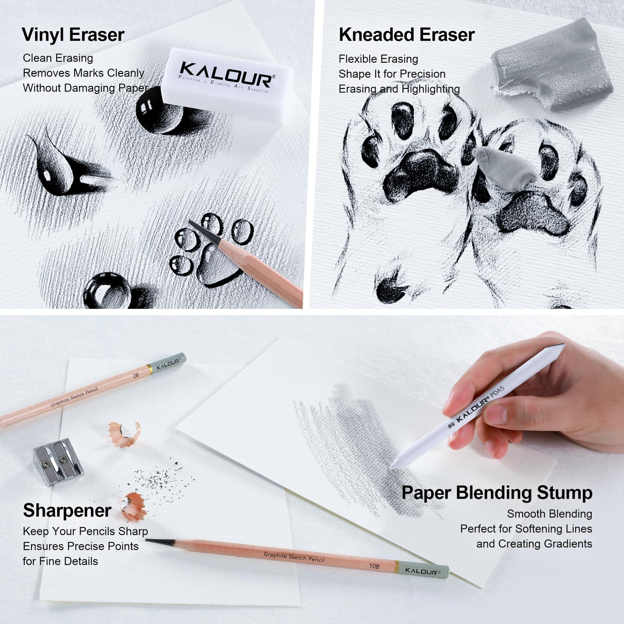 KALOUR 18-Piece Professional Sketch Pencil Set - Includes 5H to 14B Pencils, Vinyl Eraser, Kneaded Eraser,Sharpener and Paper Blending Stump - Ideal for Artists and Beginners KALOUR