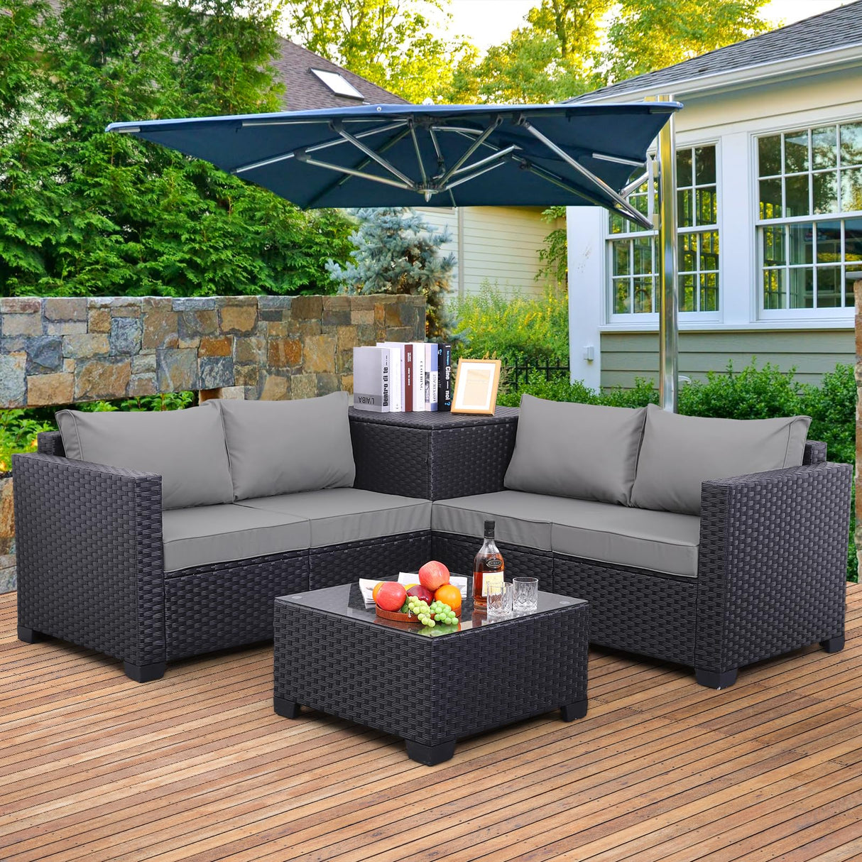 Outdoor PE Wicker Patio Furniture Set 4 Piece Black Rattan Sectional Loveseat Couch Set Conversation Sofa with Storage Box Glass Top Table and Non-Slip Grey Cushion WAROOM