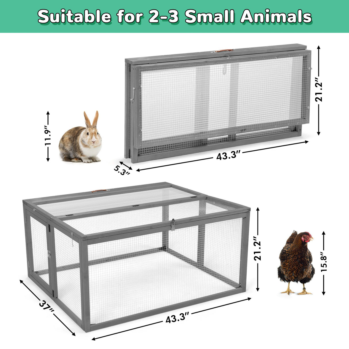 COZIWOW Portable Chicken Coop with UV-Proof Panel, 4X Garden Stakes, Wooden Rabbit Hutch, Chicken Brooder Indoor, Outdoor Folding Chicken Cage, Top & Side Openable Doors, 45.3Inch (Grey) COZIWOW