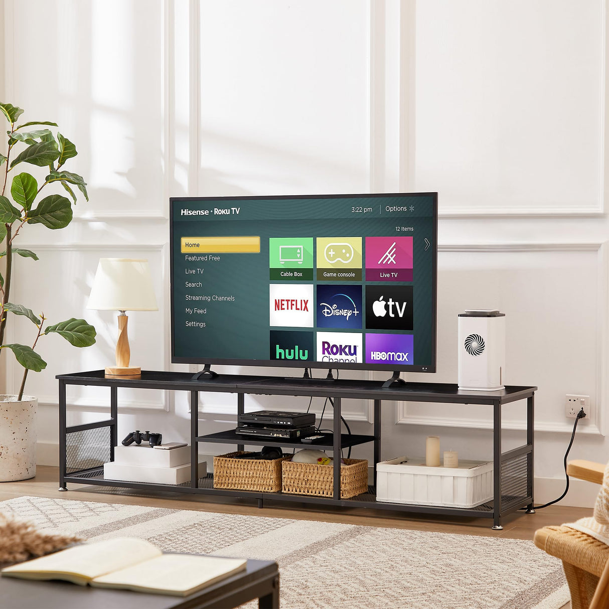 VECELO TV Stand with Power Outlets for Televisions up to 80Inch, 70" Media Entertainment Center with Charging Station 3-Tier Open Storage Shelves with Metal Frame for Living Room/Bedroom,Black VECELO