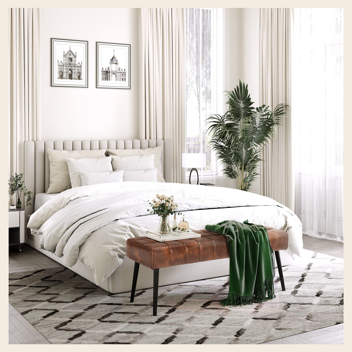 LUE BONA Entryway Bench, 44.5'' Leather Upholstered Bedroom Benches, End of Bed Bench with Metal Legs, for Decorative, Living Room, Dining Room, Red Brown LUE BONA