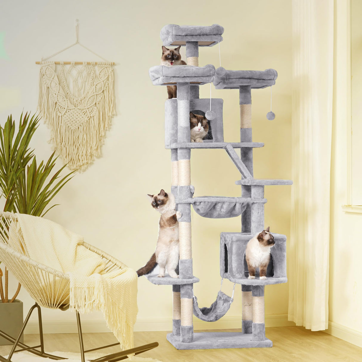 Heybly Cat Tree, 73 inches Tall Cat Tower for Large Cats 20 lbs Heavy Duty for Indoor Cats,Big Cat Furniture Condo for with Padded Plush Perch, Cozy Basket and Scratching Posts Light Gray HCT030W Heybly