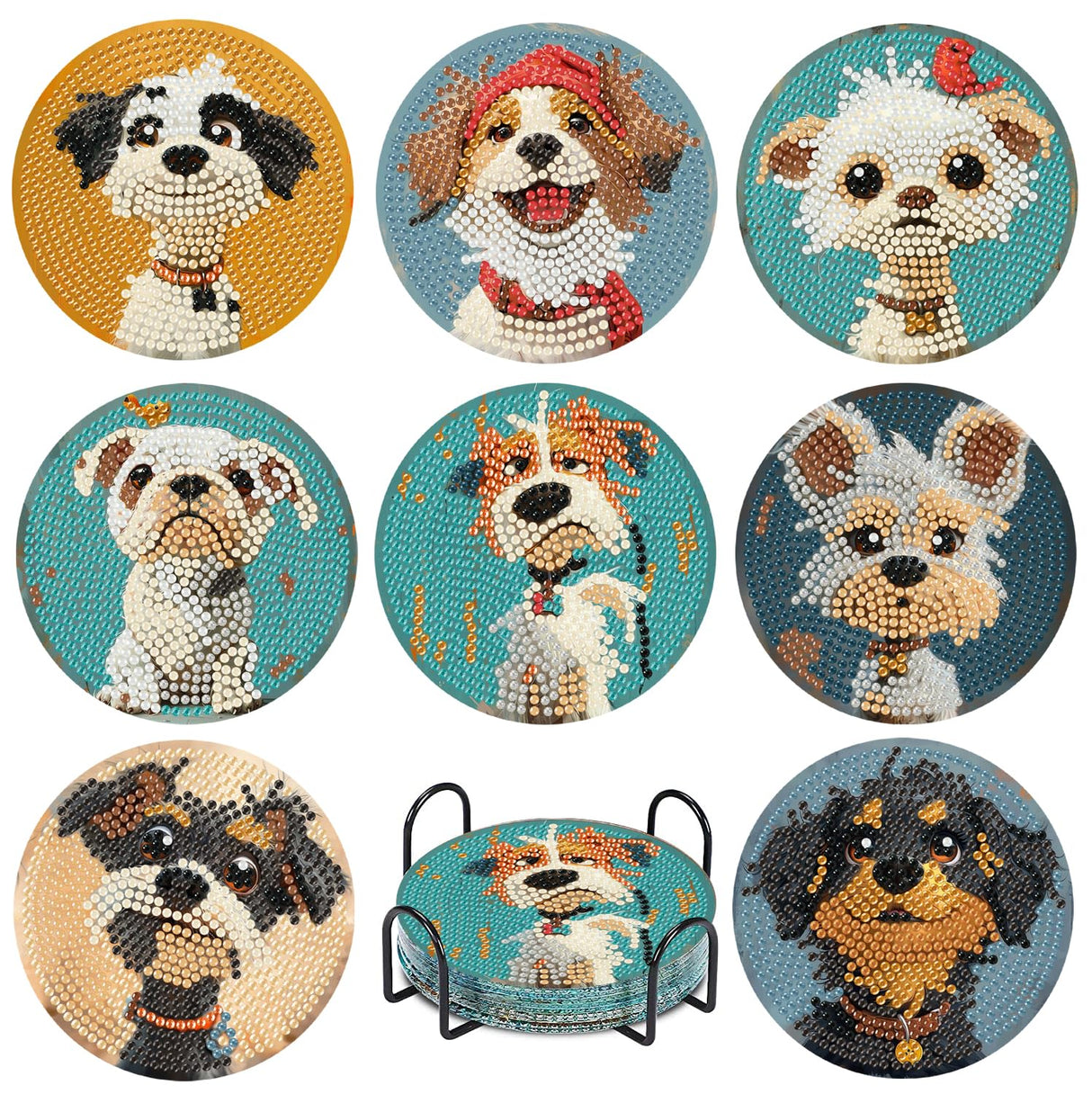 cupmod Cute Dog Diamond Art Painting Coasters Kit, 8 Pieces Puppy Diamond Art Coasters with Holder, DIY Dog Diamond Coasters for Beginners cupmod