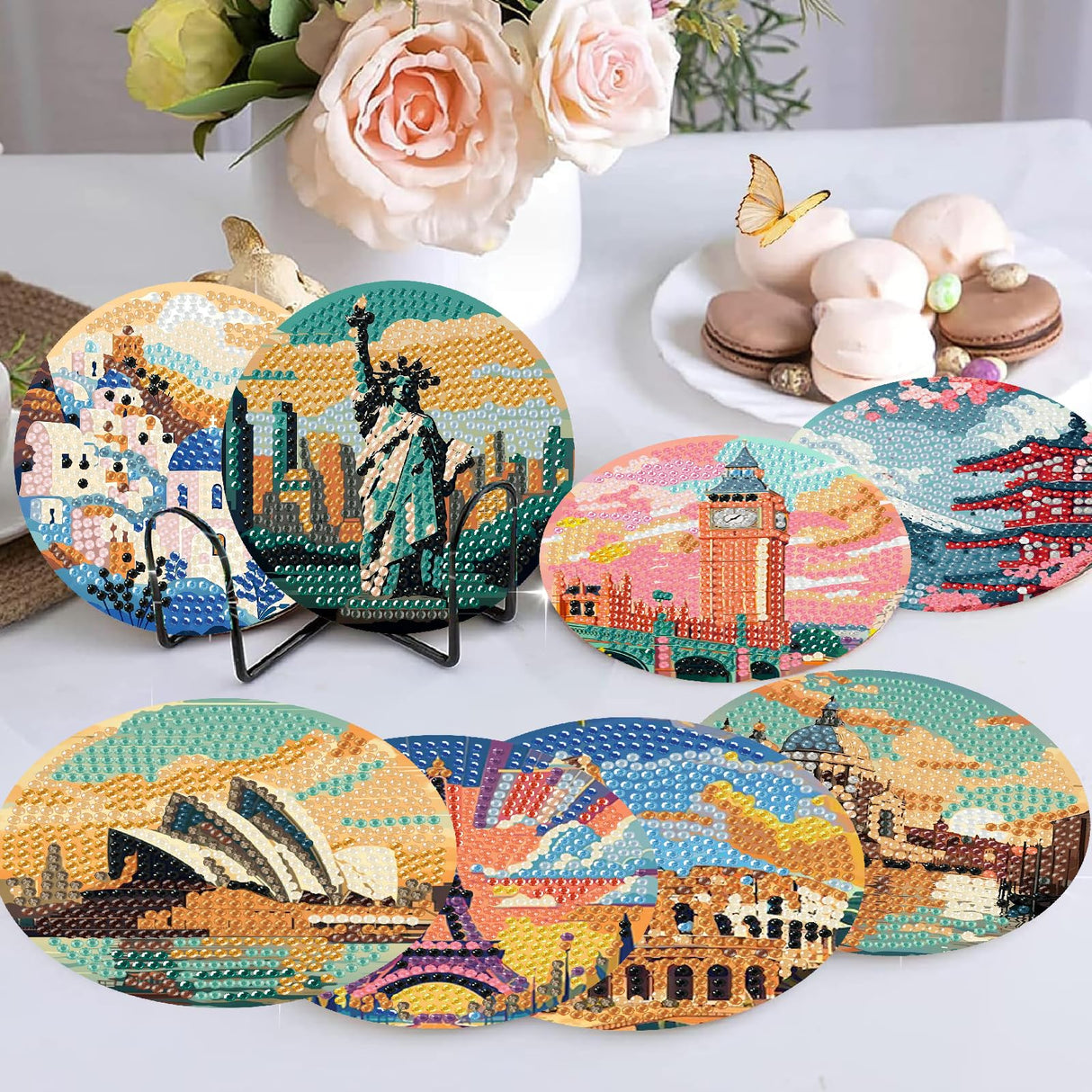 8 Pcs Famous buildings Diamond Art Painting Coasters Kits,Landscape Coaster with Holder for Adults, Non-Slip DIY Dot Paint Craft Kits,5D Full Drill DIY Diamond Dot Gem Art Kit Home Decor Arts Craft NEGEKFKX