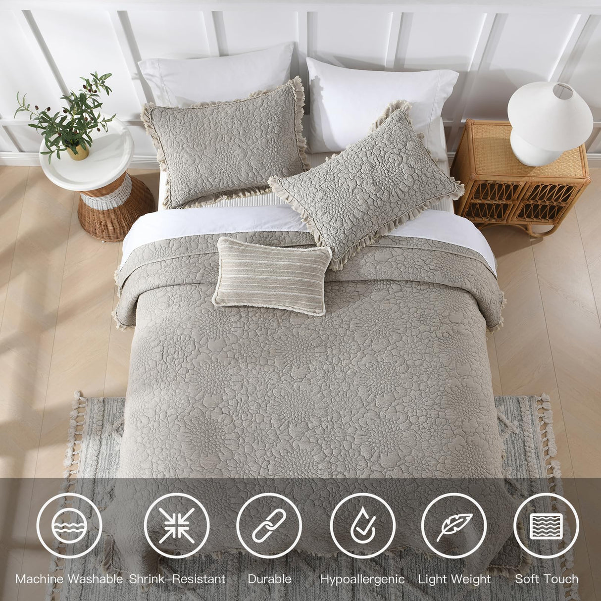 HORIMOTE HOME Beige Ruffled Quilt Queen Size, Stone-Washed Microfiber Lightweight Crinkled Farmhouse Rustic Shabby Chic Bedding Set, 3 Pieces Reversible Bedspread with Pillow Shams for All Season HORIMOTE HOME