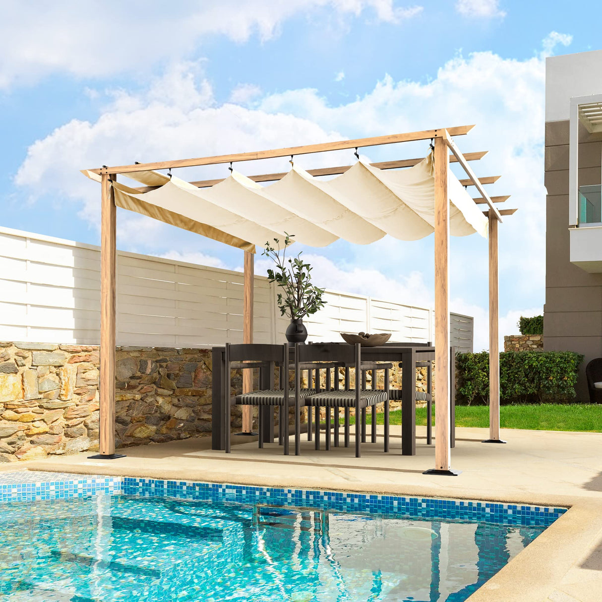 HAPPATIO 10' X 10' Pergola Retractable Pergola Canopy for Backyard, Garden, Patio; Woodgrain-Look Aluminum Pergola with Retractable Pergola Canopy, Includes Anchors and Expansion Screws (Beige) HAPPATIO