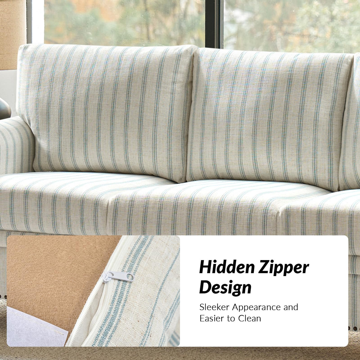 HULALA HOME 81" Farmhouse Couch with Stripe Pattern, 3 Seater Sofa with Solid Wood Legs and Rolled Wide Armrests, Comfy Upholstered Sofa with Nailhead Trims, FSC Certified, Blue HULALA HOME