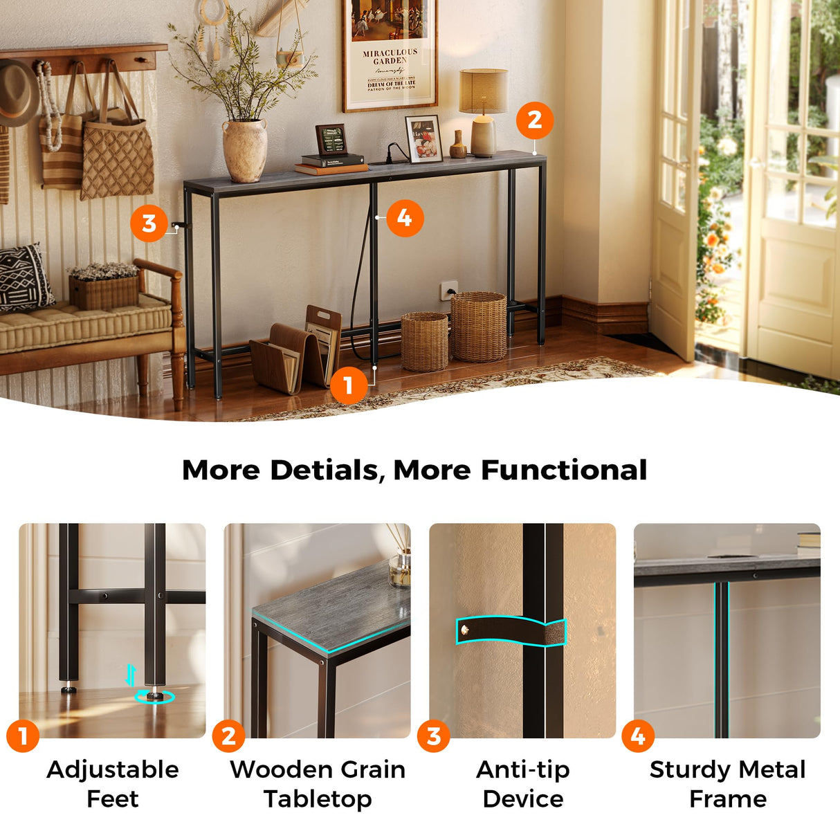SUPERJARE Console Table with Outlet, 63 Inch Sofa Table with Charging Station, Narrow Entryway Table, Skinny Hallway Table, Behind Couch Table Skinny for Entryway, Living Room, Plants -Gray SUPERJARE