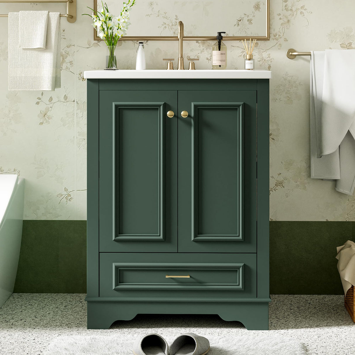 Merax 24" Bathroom Vanity with Sink, Modern Wood Bathroom Vanity Storage Cabinet with Adjustable Shelf and 1 Bottom Drawer, Solid Wood Frame, Ceramic Sink Top Merax