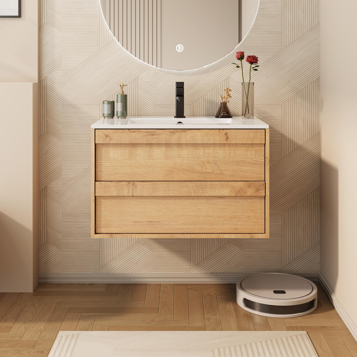 eclife 30" Floating Bathroom Vanity with Ceramic Integrated Sink Combo, Wall Mounted Storage Cabinet with 2 Drawers, Matte Black Faucet & Pop Up Drain, Nature eclife