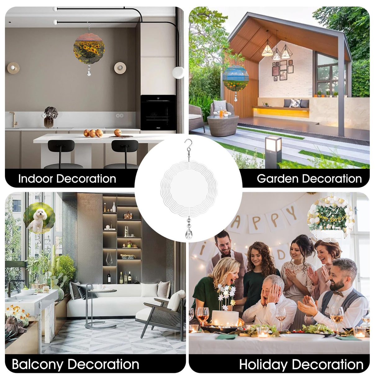 Sublimation Wind Spinner Blanks 8 Inch 4 Pack Wind Spinners Sublimation Blanks with Crystal Pendant Aluminum Metal Wind Spinners for Yard Garden Indoor Outdoor Window Porch Decoration(Round CHONOVO