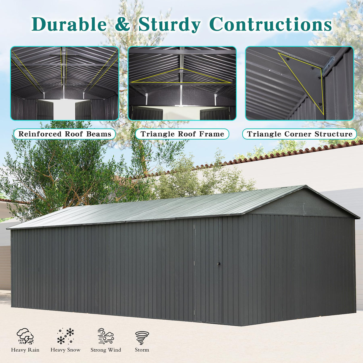 Domi 12x25FT Outdoor Metal Garage Shed, Extra Large Carport with Skylights & Dual-Entry, Backyard Storage Shed for Car, Truck, Lawn Mower and Tool, Dark Grey domi outdoor living