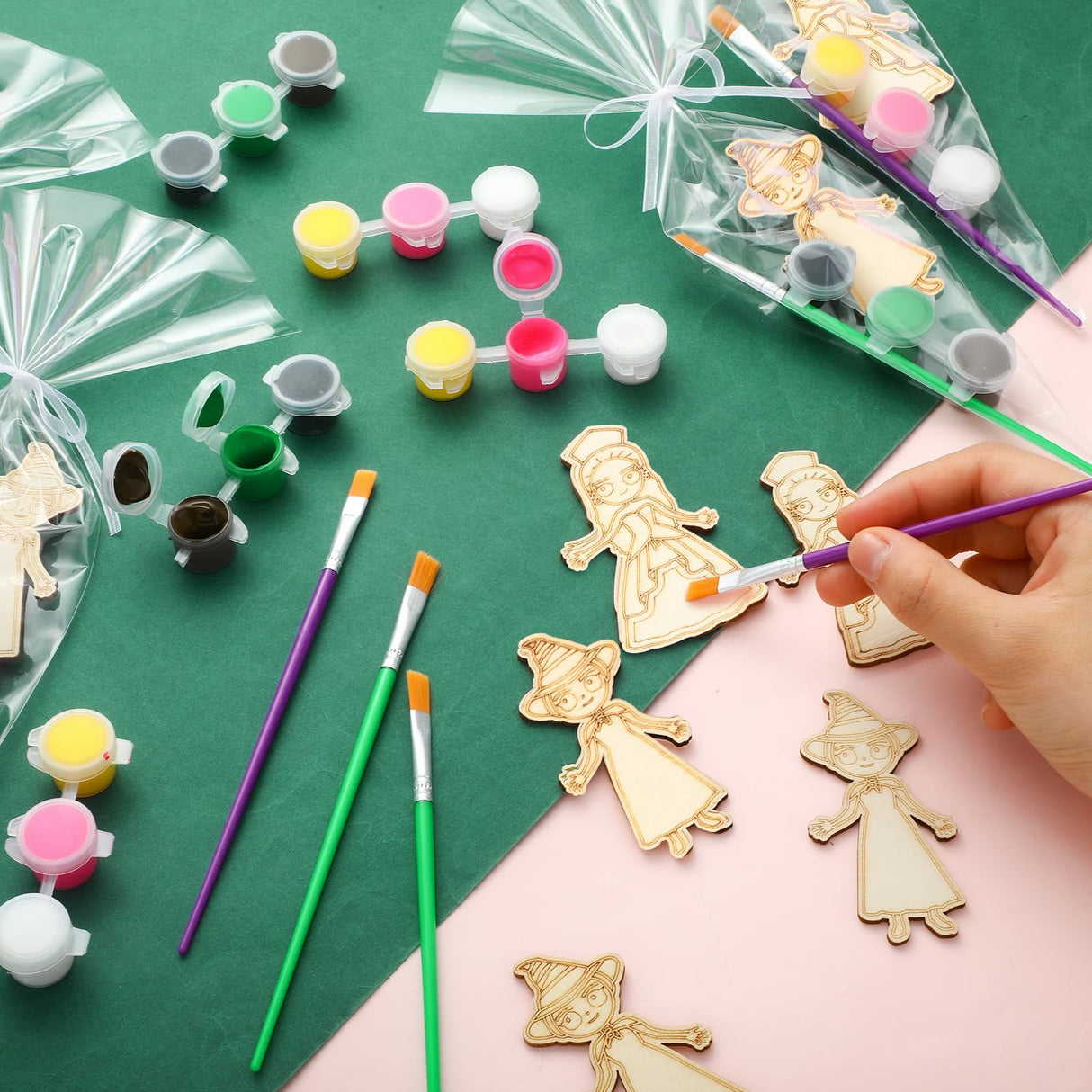 AmazingSpark 12 Sets Paint Your Own Witch Party Favors Pink and Green Princess Party Favors DIY Wood Painting Craft Kit Color Your Own Art Craft Kit(Witch) AmazingSpark