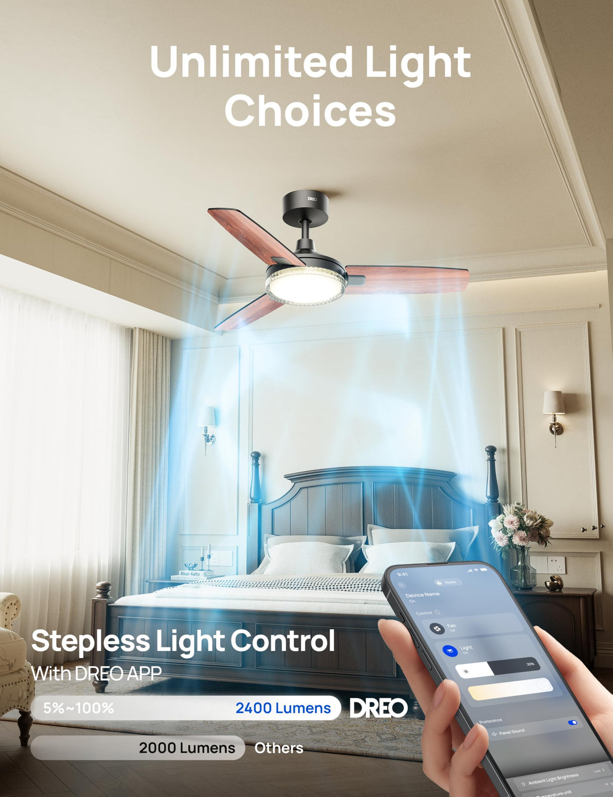 Dreo Smart Ceiling Fans with Lights, 42 Inch Black Ceiling Fan, 12 Speeds & 3 Fan Modes, Stepless Color Tones, Dimmable LED Light, 1-12H Timer, Quiet DC Motor, Remote/APP/Alexa/Wall Switch Control Dreo