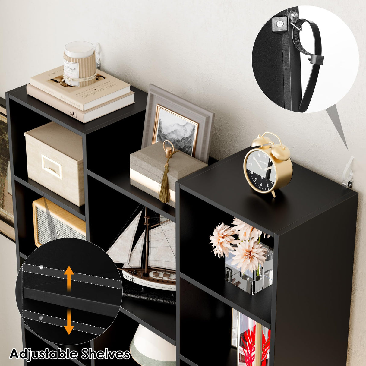 FOTOSOK Triple Wide 71" Tall Black Media Storage Tower with Adjustable Shelves FOTOSOK