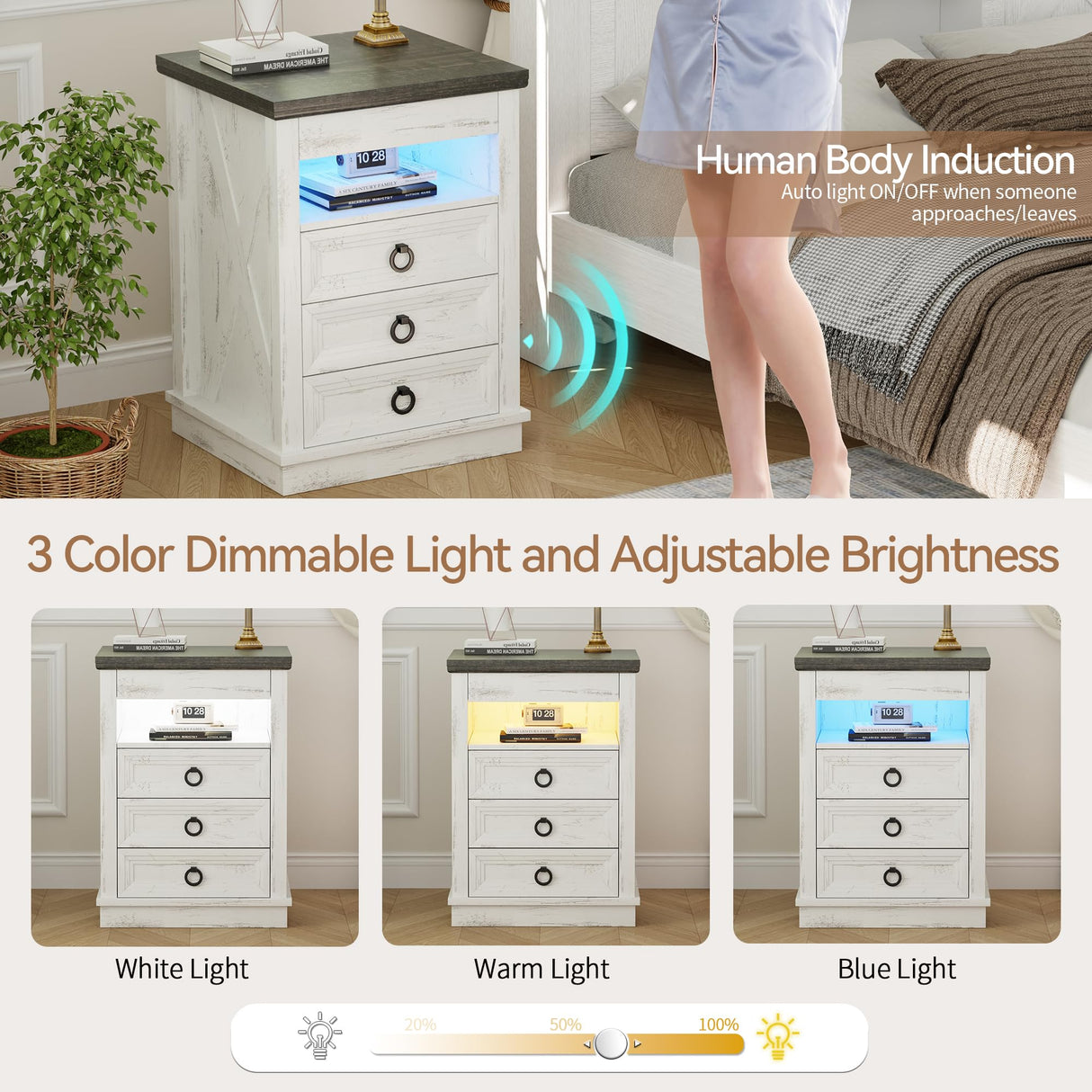 Lvifur Farmhouse Nightstand with Gun Drawer, Human Sensor LED Bedside Table with LED Lights & Charging Station, Rustic Wood Sofa Side End Table with 3 Drawers for Bedroom (Antique White) Lvifur