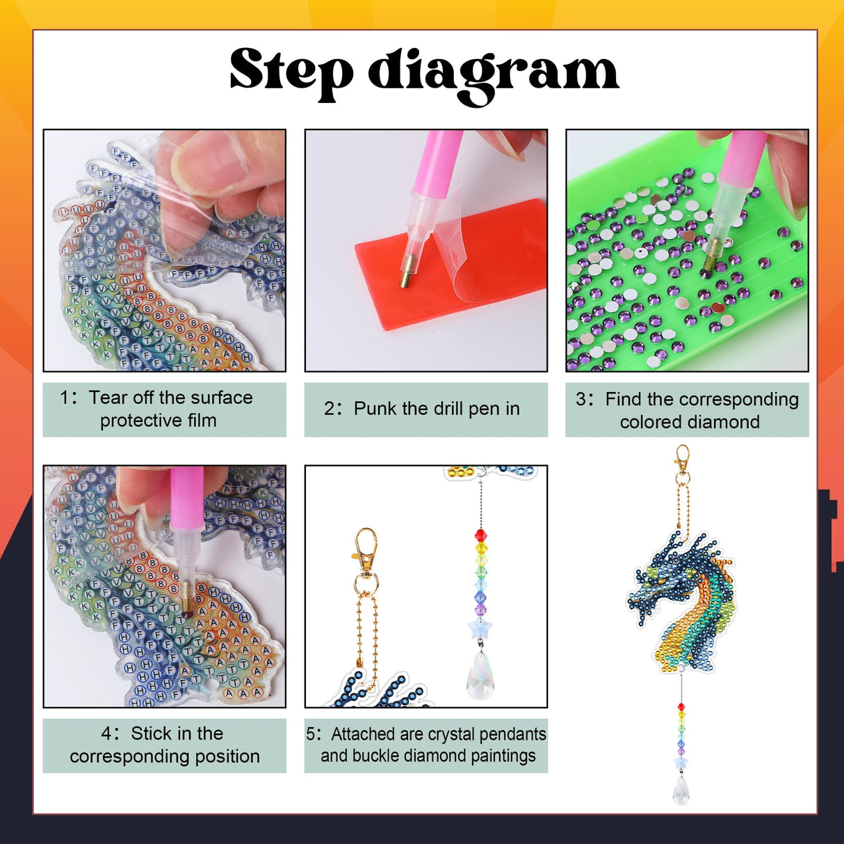 Sitsink Dragon Diamond Painting Wind Chimes - 6 Pcs Art Kits for Adults, Legend Animal Suncatchers Sitsink