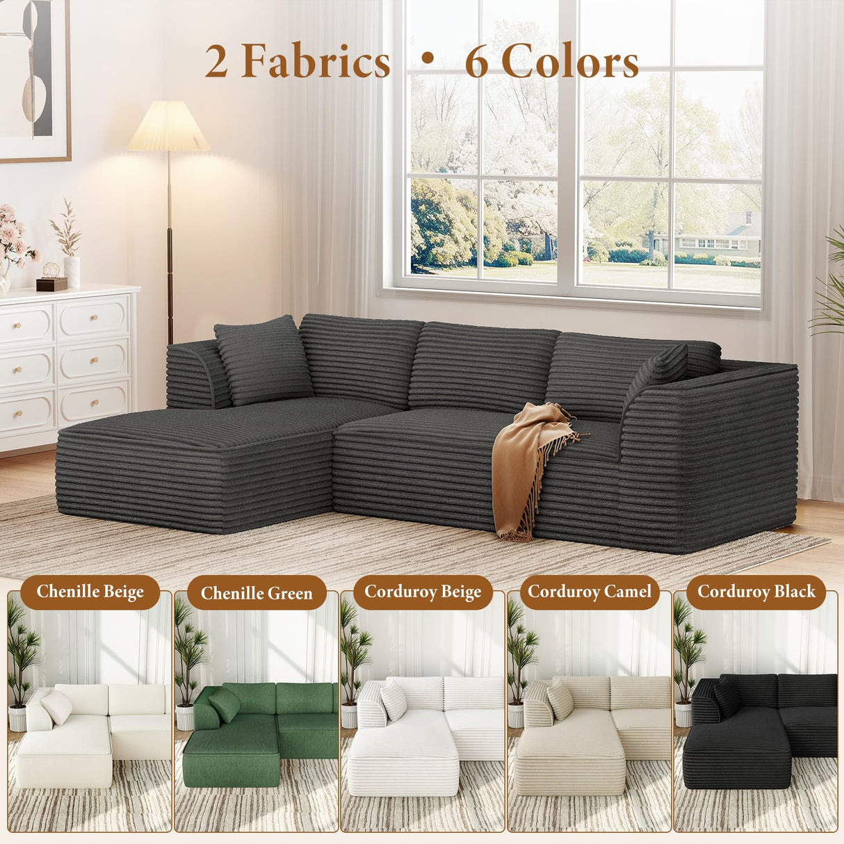 Vesgantti 106" Boneless Couch with Chaise, Deep Seat Comfy Cloud Modular Sofa Corduroy Memory Foam Sectional Couches for Living Room Bedroom, No Assembly Required (Grey, Left-Facing Chaise) Vesgantti