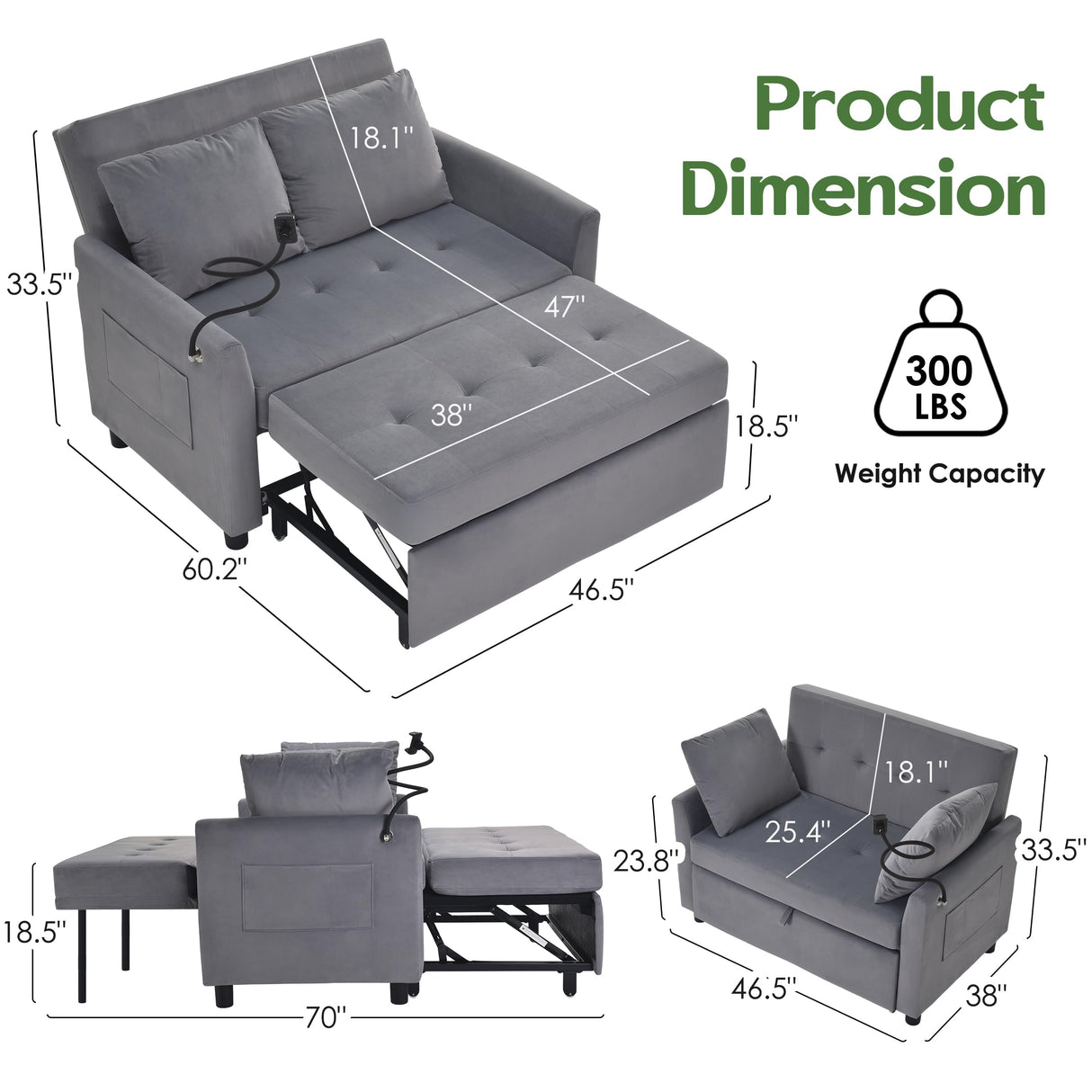 AYEASY Sleeper Sofa Bed, 3 in 1 Convertible Sleeper Couch Bed Pull Out, Small Loveseat Sofa, Futon Sofa Bed Full Size, 46" Velvet Love Seat with Pillow and Phone Holder for Living Room, Grey AYEASY