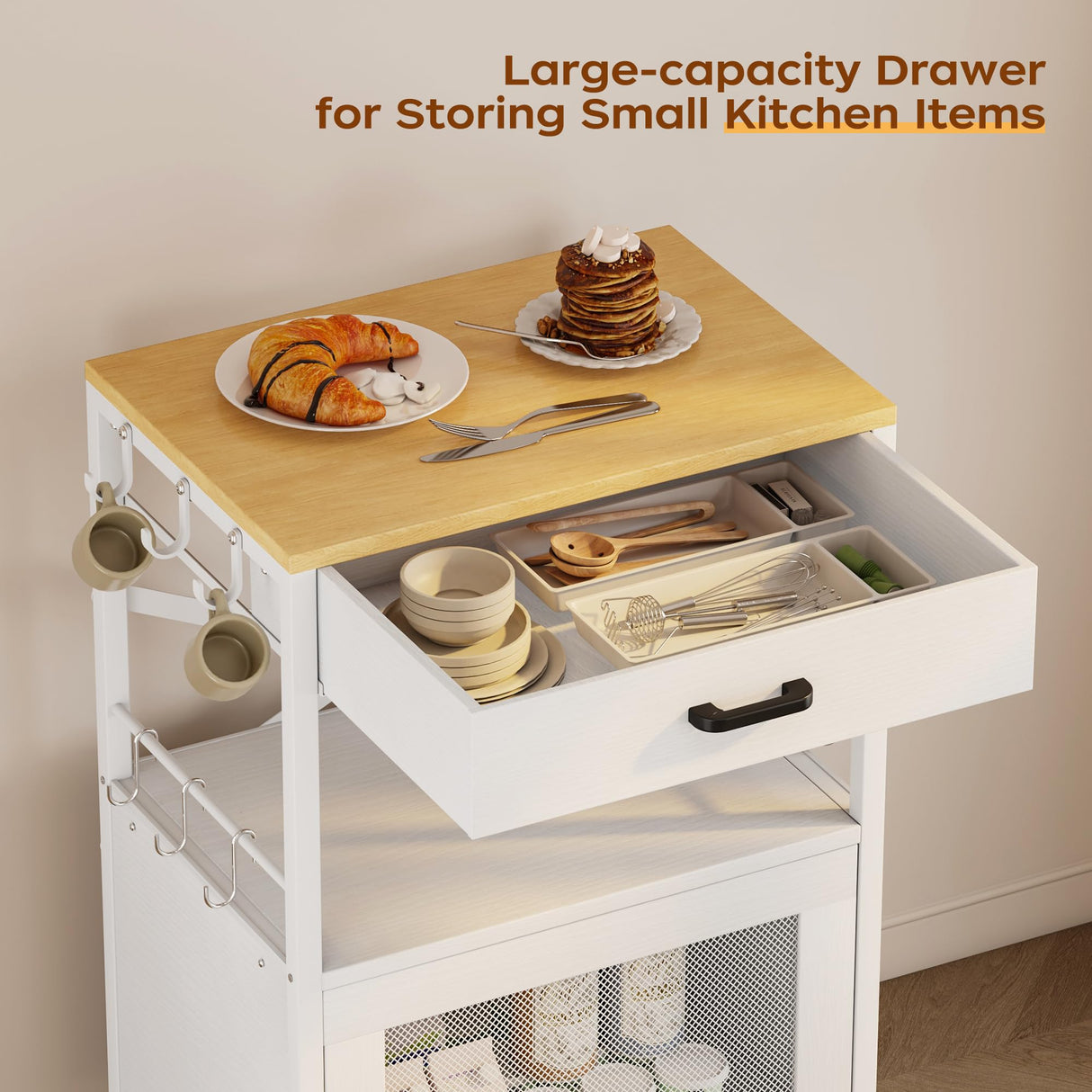 Homeiju Kitchen Island Cart, Kitchen Storage Cart with Drawer, Microwaves Stand, Coffee Cart, Rolling Kitchen Cabinet Cart with Hooks for Kitchen, Dining Room, White Homeiju