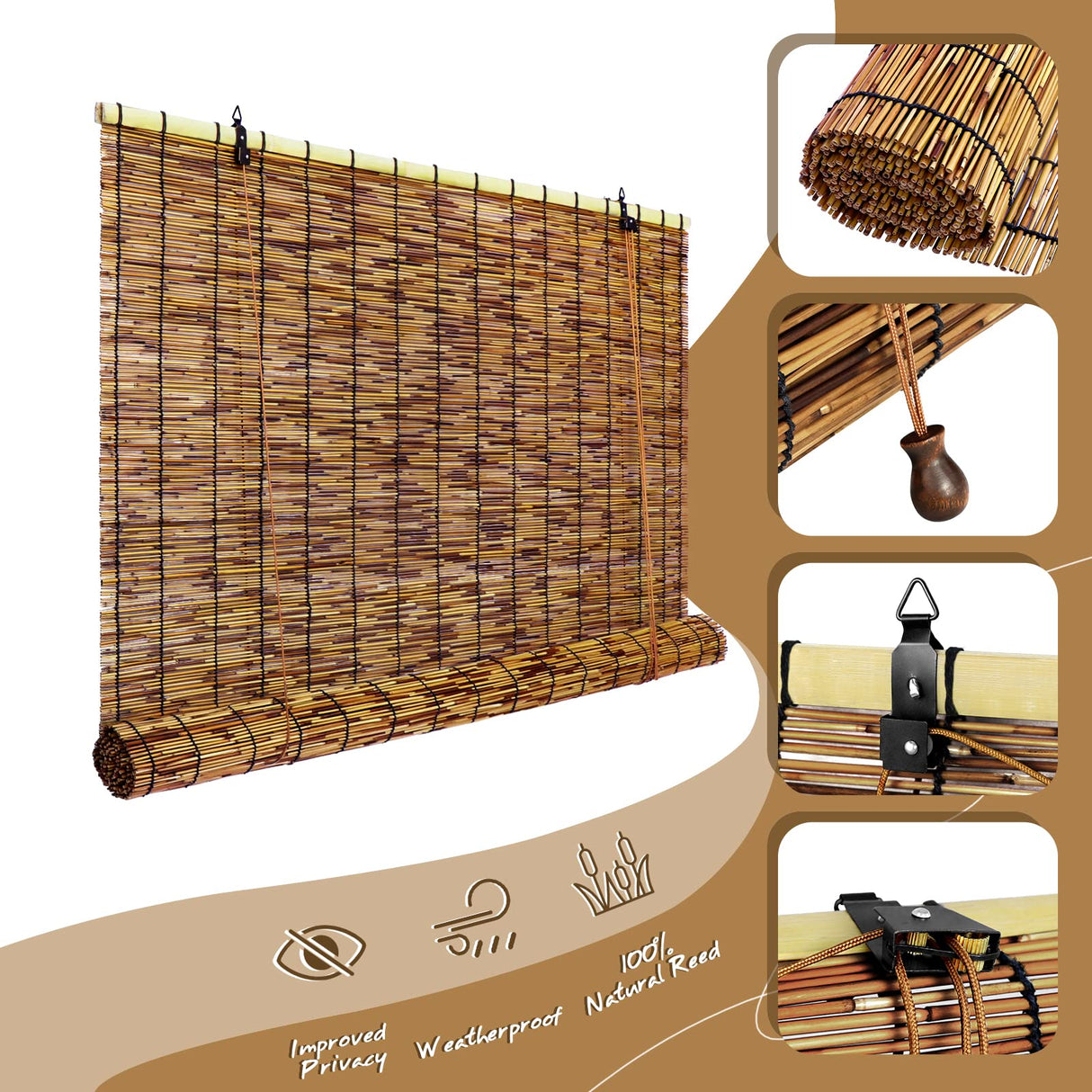 Tgzwme 2 Pack Retro Bamboo Roll-up Reed Shades - 47" W x 71" H Natural Light Filtering Window Blinds Tgzwme