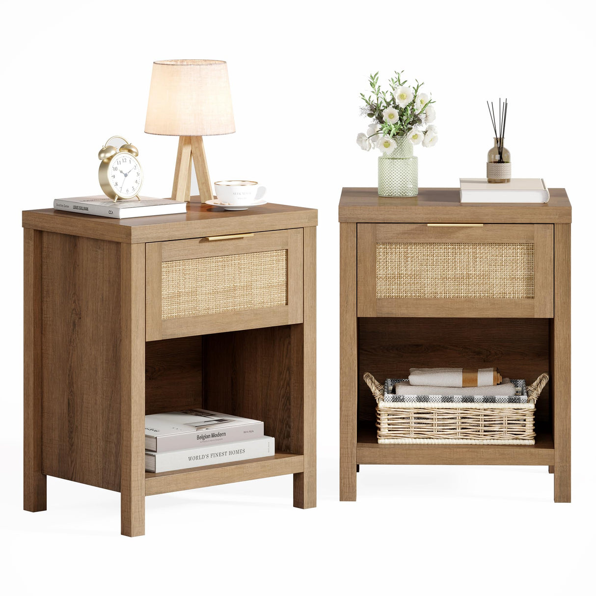 Eclatara Rattan Nightstand Set 2: Boho End Table with Drawer and Storage Shelf, Farmhouse Cane Accent Bedside Night Stands for Bedroom Small Space Sofa (2, Caramel Oak) Eclatara