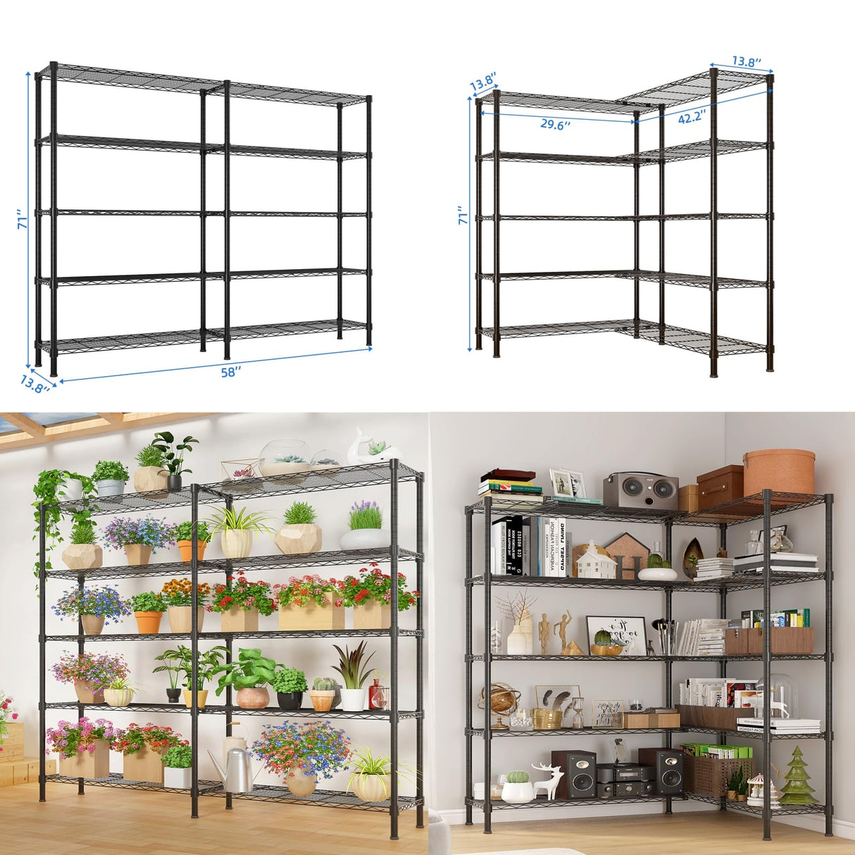 L Shaped Adjustable Storage Shelves, 58''W 5 Tier Standing Shelf Unit, 1500LBS Metal Wire Shelving for Storage, Heavy Duty Garage Organizer Shelf Pantry Shelf Kitchen Shelving, 58''W*71''H*13.8" D SESAISHEIR
