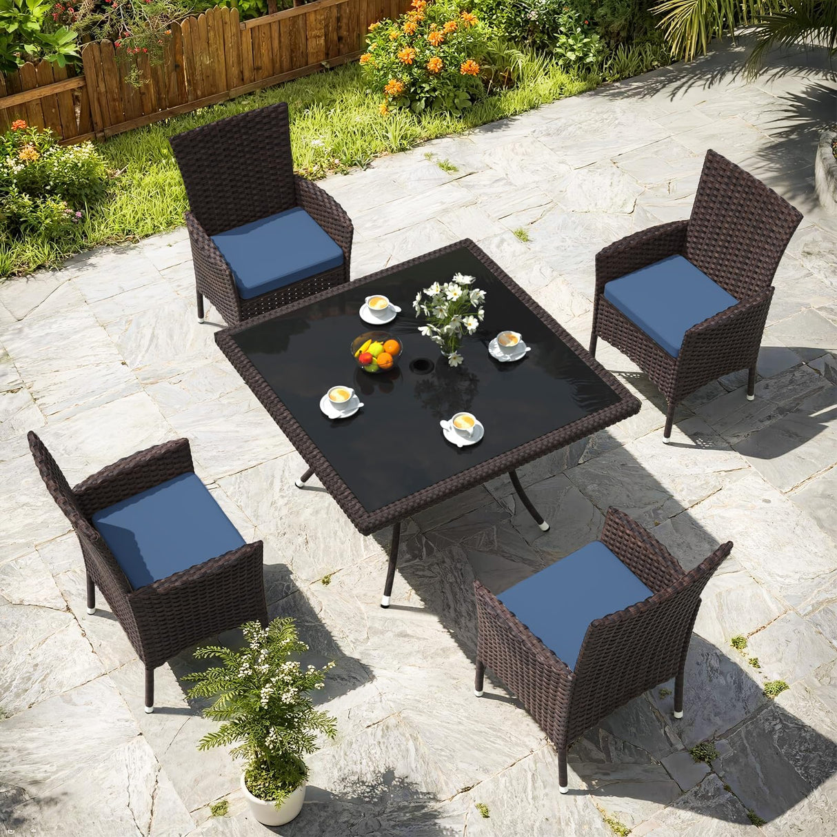 Gotland 5-Piece All-Weather Rattan Patio Dining Set with Tempered Glass Table, Tilt Backrest, Umbrella Hole, and Removable Cushions for Lawn, Deck, Backyard Gotland