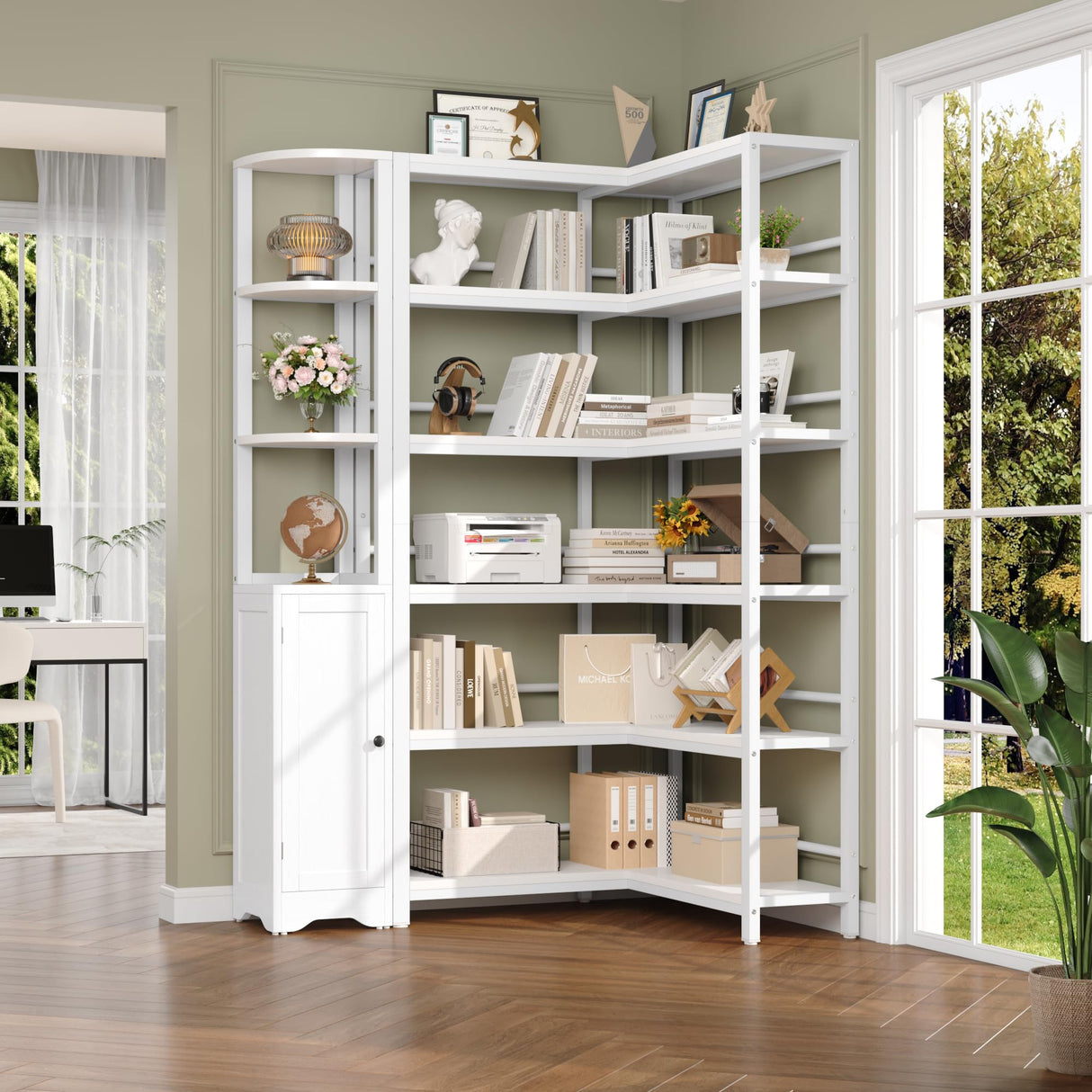 Keyluv 72" Tall Corner Bookshelf with Door, 6-Tier L Shaped Bookshelves and Bookcase with Storage Cabinet, 2 Pieces Individual Convertible Book Shelf, Display Shelf for Home Office Living Room, White Keyluv