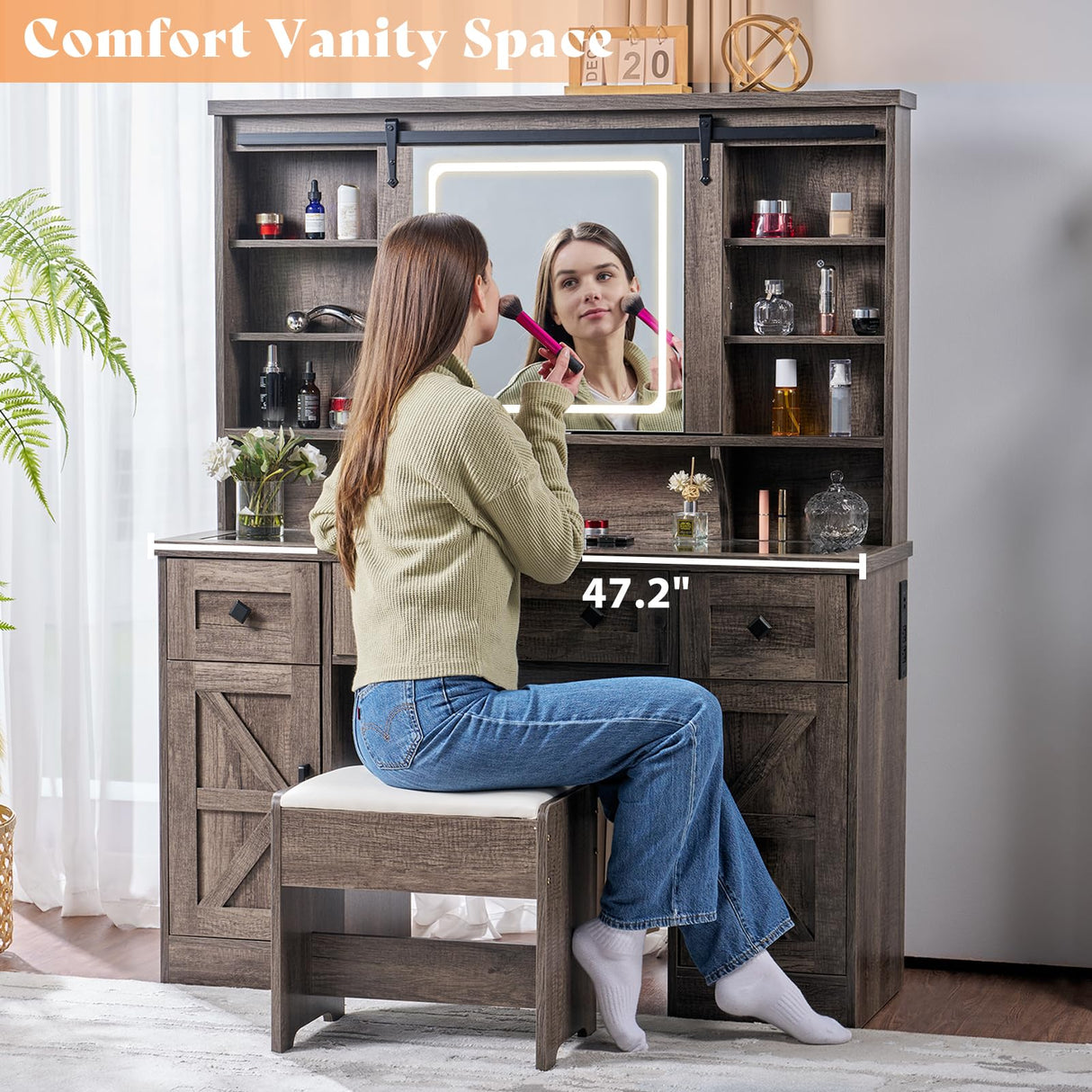 AMERLIFE 47.2" Farmhouse Vanity Desk with Mirror and Lights, Rustic Makeup Vanity Table with Charging Station, Vanity Set with Stool & Storage, LED Sliding Mirror & Glass Top, Dark Oak Finish AMERLIFE