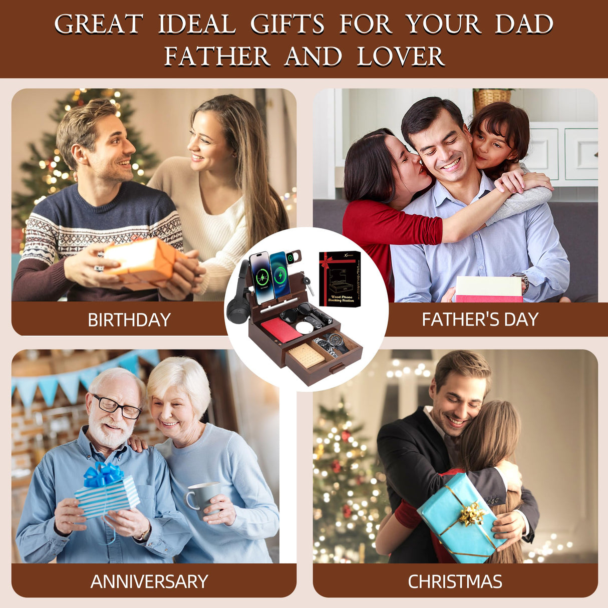 Gifts for Men Dad Women from Daughter Son Wife Wood Phone Docking Station with Drawer Nightstand Organizer for Men Dad Birthday Gifts for Him from Wife for Men Xgunion