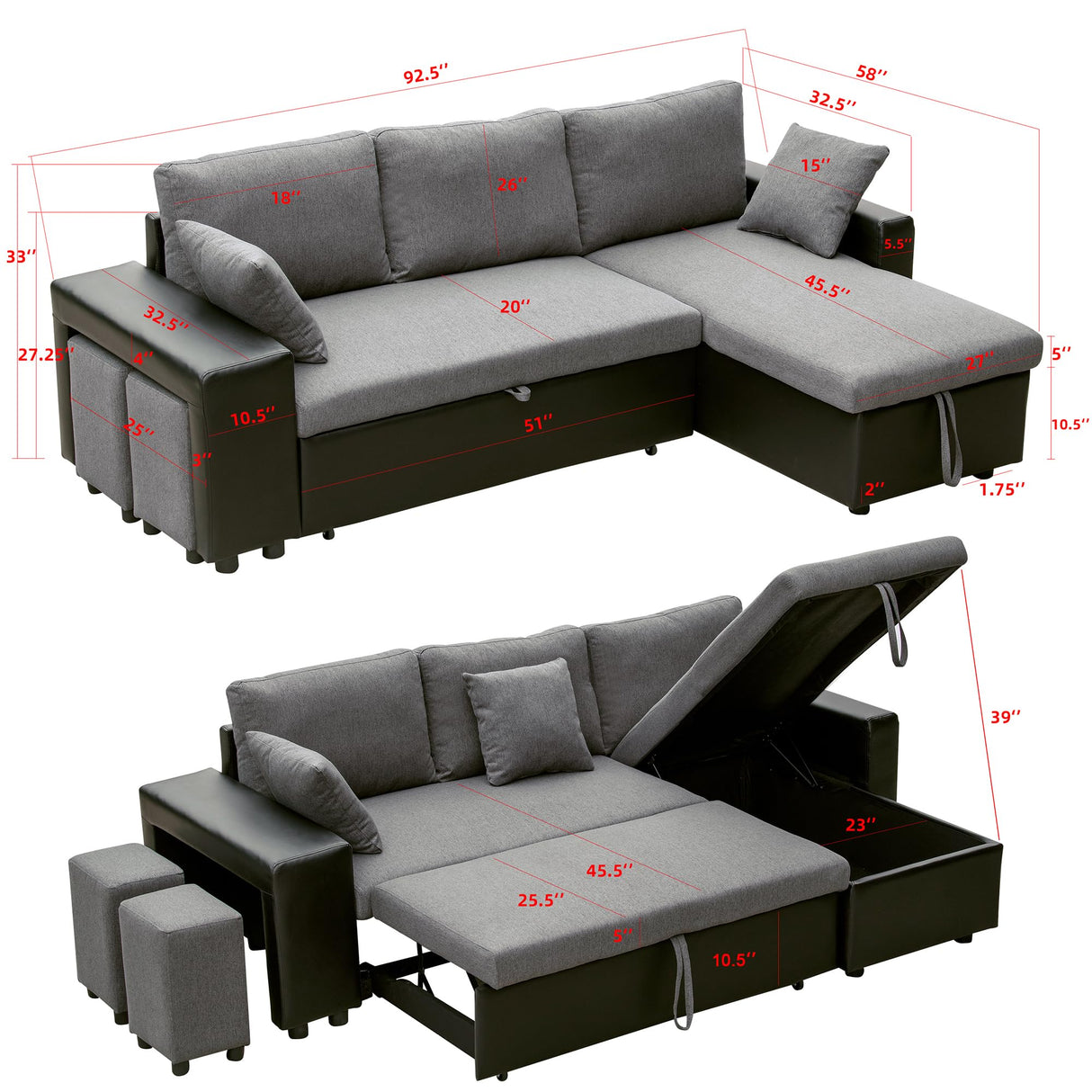 ARCLIS 92.5" Sleeper Sofa Bed, Convertible 3-Seater L-Shape Couch Bed with Storage Chaise 2 Stools Pull Out Sofa Bed, Corner Sectional Sleeper Couch for Living Room Apartment (Gray) ARCLIS