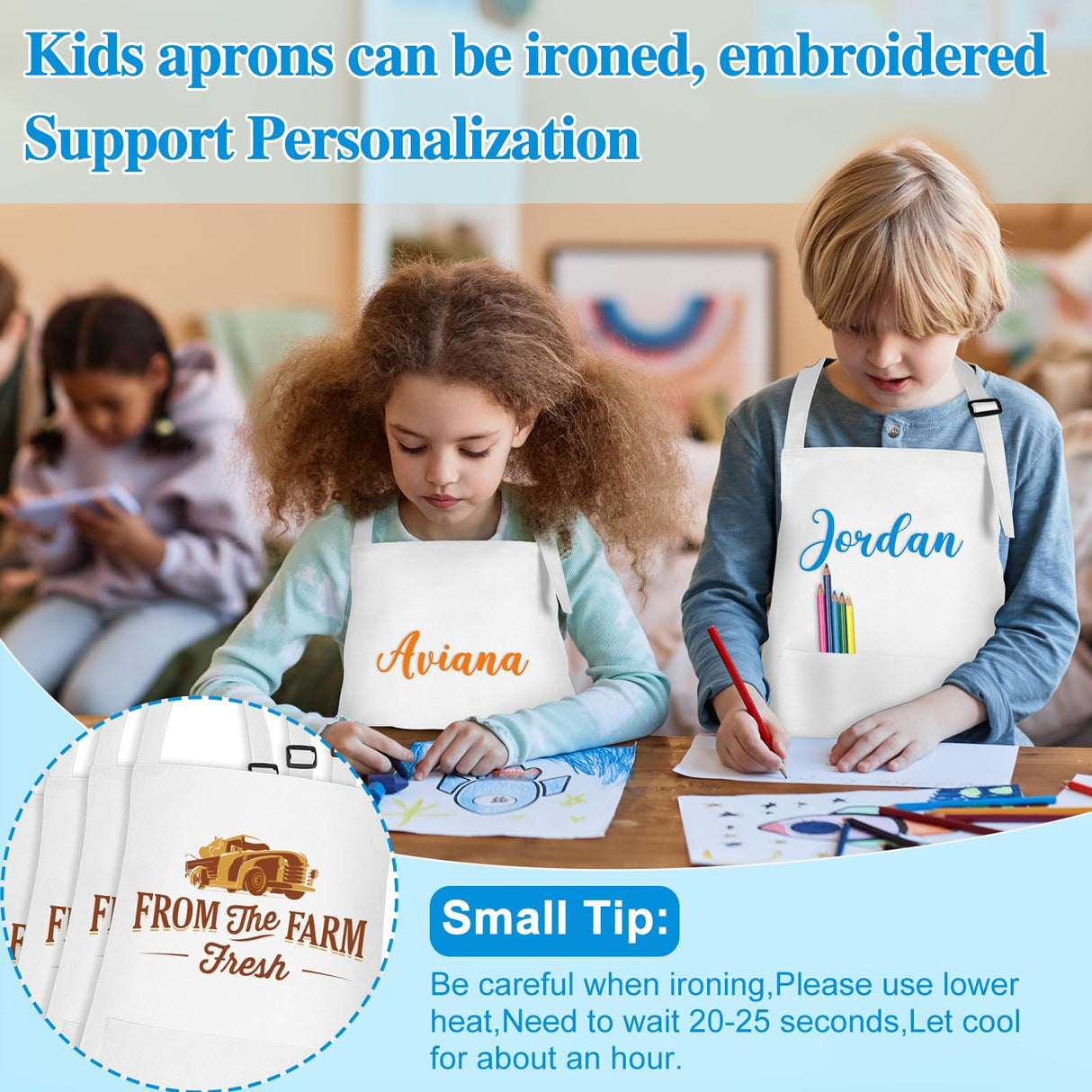 BOUBONI 6 Pack Kids Apron bulk with 2 Pockets Adjustable Chef Art Apron Kids Painting Aprons for Cooking Baking Painting Crafting Grilling Activity(White) BOUBONI