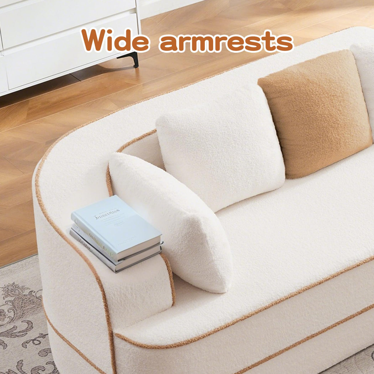 Zylena 106" 3-Seat Teddy Fabric No Assembly 32D High Density Sponge Boneless Sofa, Fluffy Comfy Couch with L-Shaped Chaise, for Living Room, White Zylena