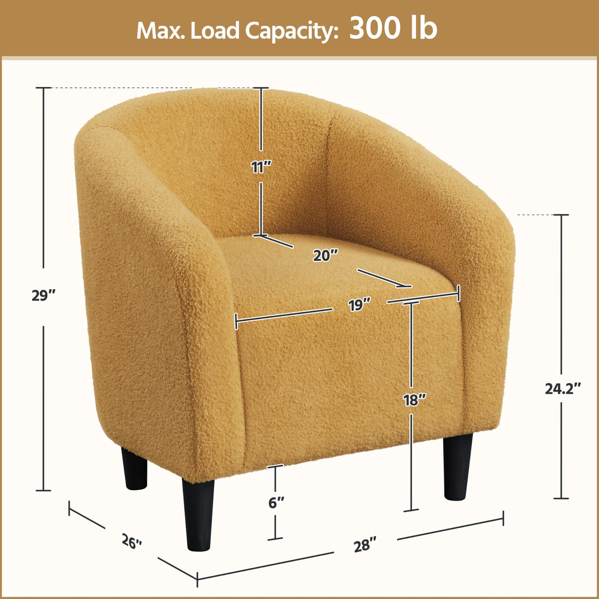 Yaheetech Accent Barrel Chair, Boucle Fabric Club Chair, Furry Sherpa Elegant and Cozy, Soft Padded Armchair for Living Room Bedroom Reception Room Office, Mustard Yellow Yaheetech