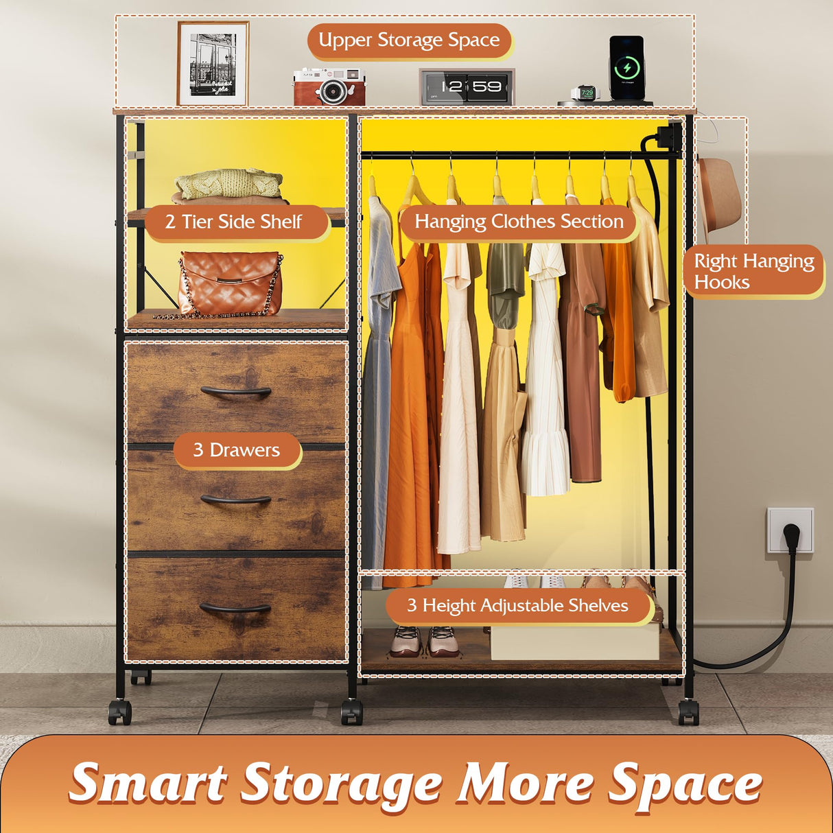 WLIVE Dresser with Hanging Rack for Bedroom, 3 Drawer Dresser with LED Lights & Charging Station, Fabric Dressers & Chest of Drawers, Storage Organizer with Open Shelves for Living Room, Brown WLIVE