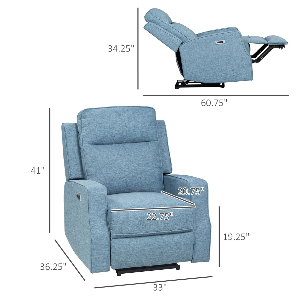 HOMCOM Electric Power Recliner, Wall Hugger Armchair with USB Charging Station, Sofa Recliner with Linen Upholstered Seat and Retractable Footrest, Blue HOMCOM