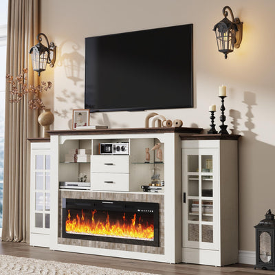 85" Electric Fireplace with Mantel, Fireplace TV Stand w/42 Electric Fireplace for 65 Inch TV with Power Outlets, Farmhouse Entertainment Center with Storage for Living Room, White with Brick Texture