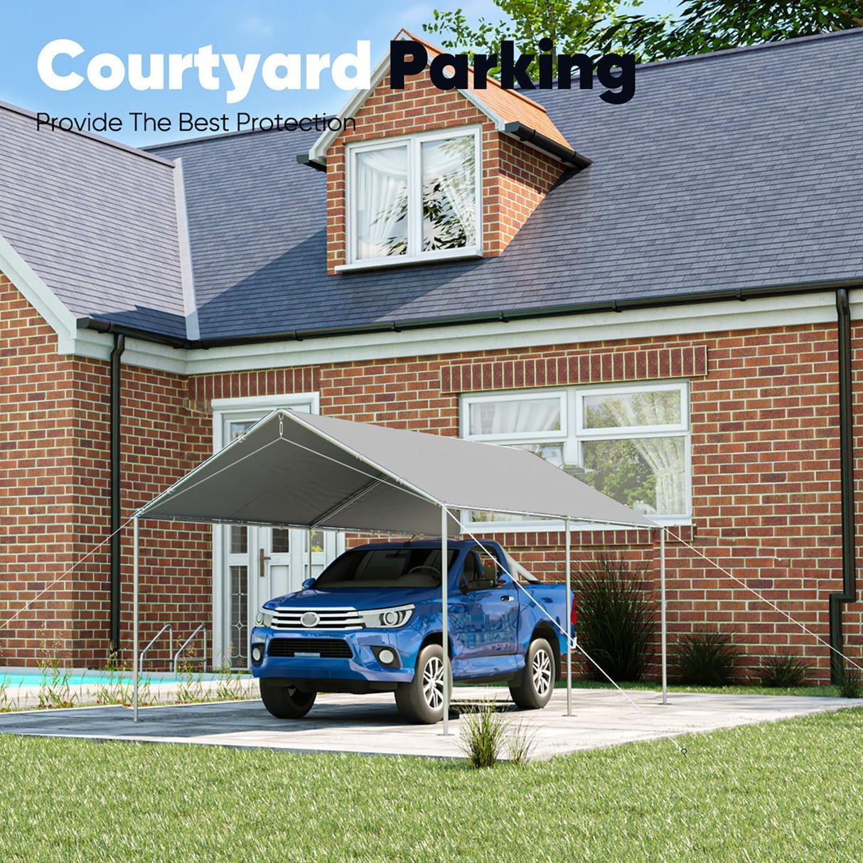 Quictent 10x15 ft Heavy Duty Car Canopy Galvanized Frame Carport Outdoor Party Tent Boat Shelter with 3 Reinforced Steel Cables - Grey Quictent