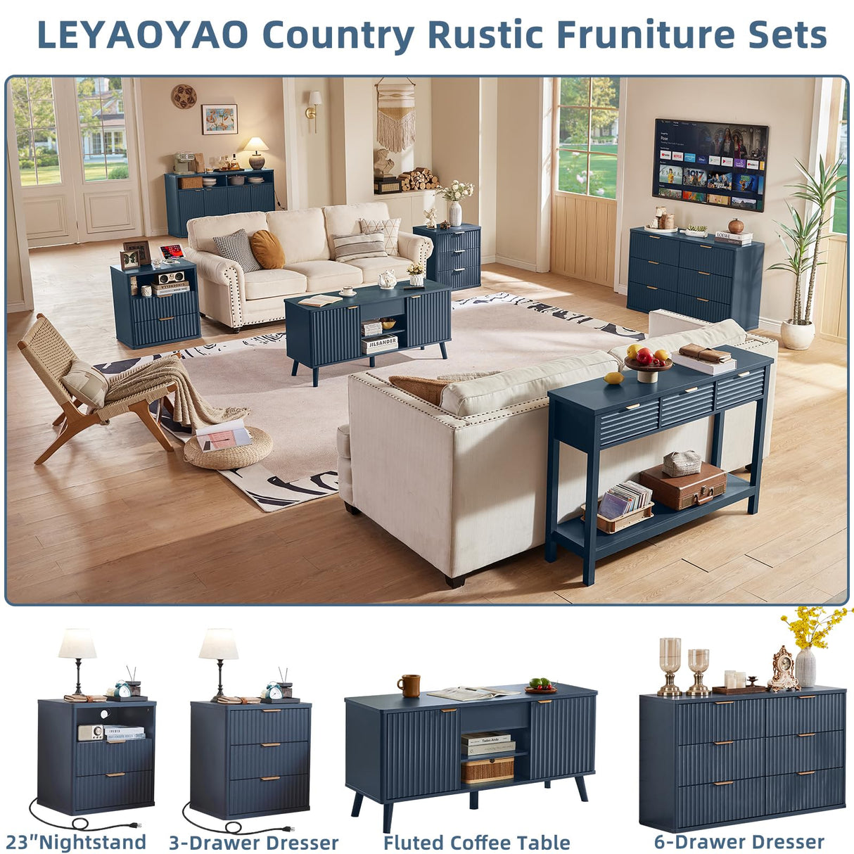 LEYAOYAO 48" Fluted Lift Top Coffee Table with Hidden Storage & Adjustable Shelves, Lifting Tabletop Large Rectangular Coffee Tables, Mid Century Modern Wood Center Table for Living Room, Nave Blue LEYAOYAO