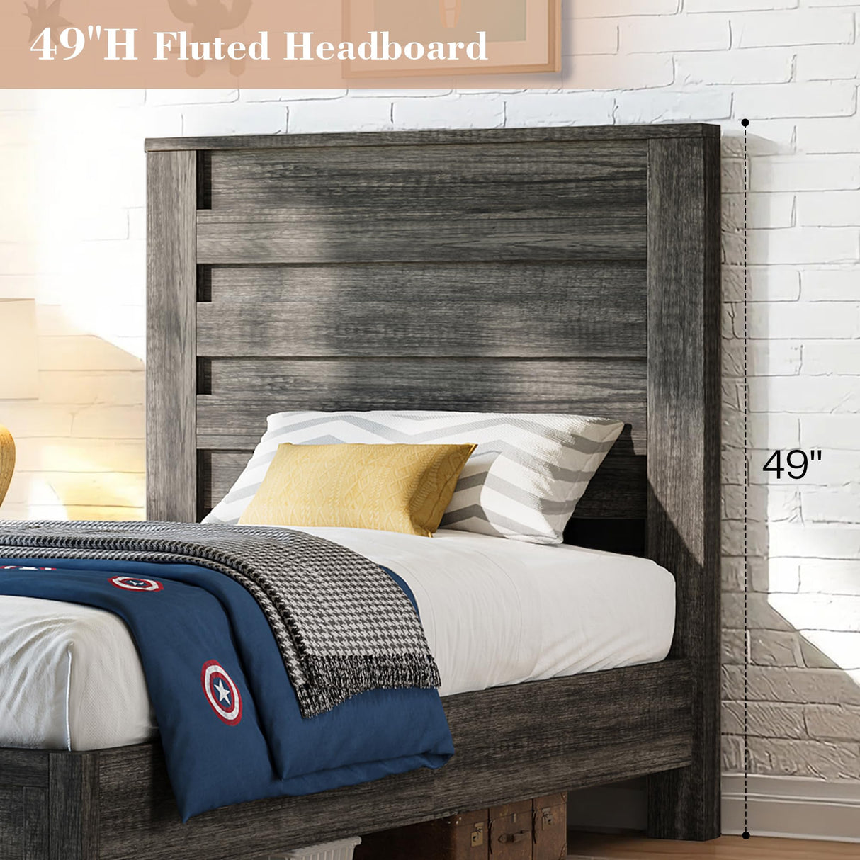 LUXOAK Twin Farmhouse Bed Frame with 49" Fluted Headboard, Wooden Platform Bed with Natural Grain, Noise-Free, No Box Spring Needed, Rustic Grey LUXOAK